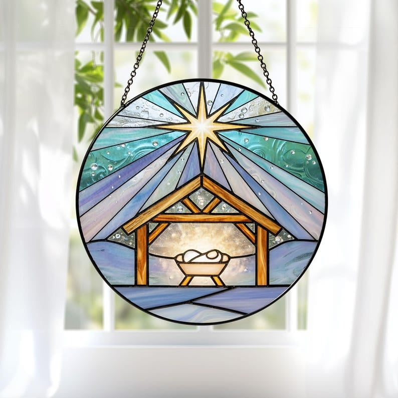 Nativity Scene Stained Glass Suncatcher, Christian Christmas Decor, Baby Jesus Window Hanging, Religious Christmas Gift, Holy Night Home Decor GLASS01