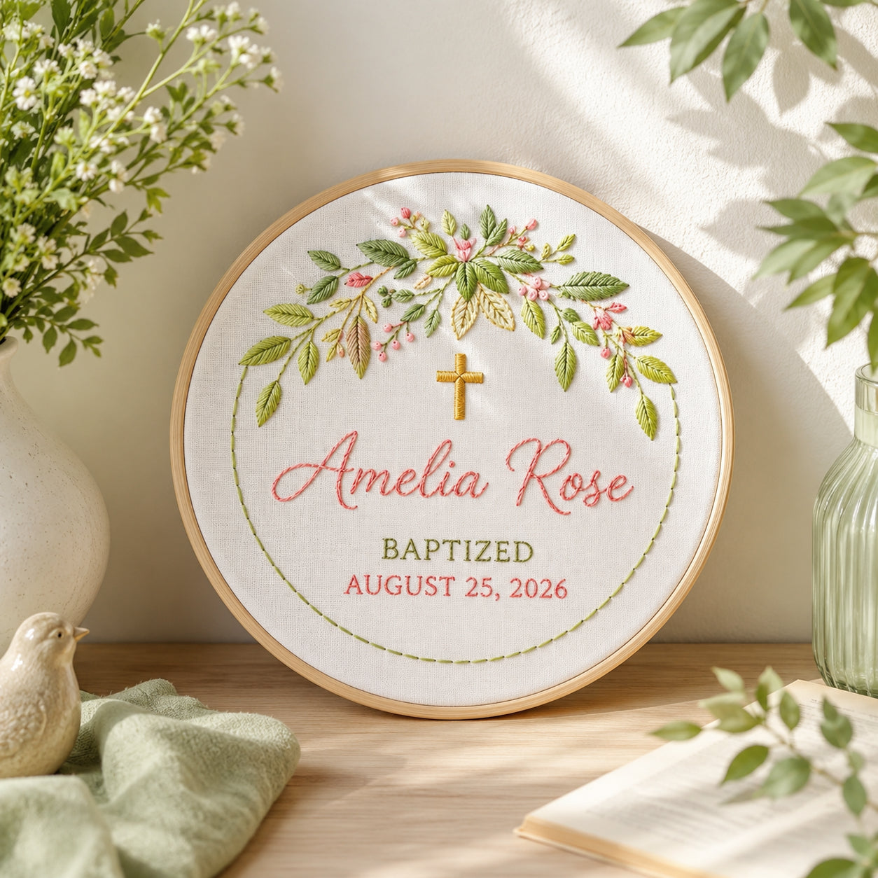 Personalized Hand Embroidered Baptism Hoop, Custom Baby Hoop Art, Floral Christian Keepsake, Nursery Wall Decor EHA30