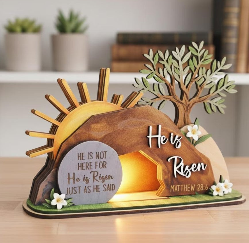 He Is Risen Easte Wooden Block, Christian Resurrection Table Sign, Religious Home Decor Gift, Empty Tomb Cross Wood Shelf