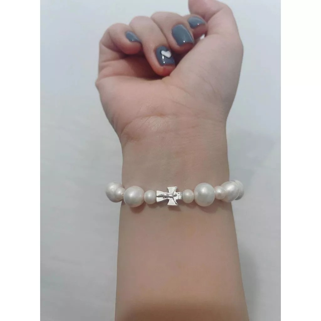 Rosary Bracelet with Cross Charm 10mm Beads, Elegant Sterling Silver Cross, Catholic Prayer Jewelry, Minimalist Luxury Beaded Bracelet for Men & Women BGLAF02