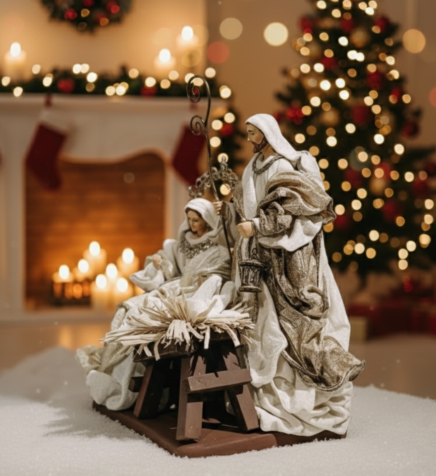 Holy Family Nativity Scene Set, Christmas Nativity Figurines, Mary Joseph Baby Jesus Decor, Gold Holiday Table Display, Religious Gift