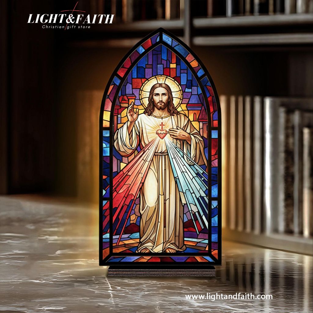 Sacred Heart Jesus Stained Glass Book Nook, Christian Home Decor, Religious Gift for Prayer Corner BNLAF01