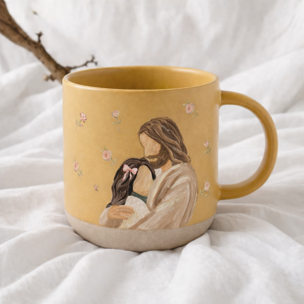 Jesus Hug Mug, Christian Coffee Mug, Religious Gift for Her, Faith Coffee Cup, Floral Pottery Mug, Comfort Prayer Mug