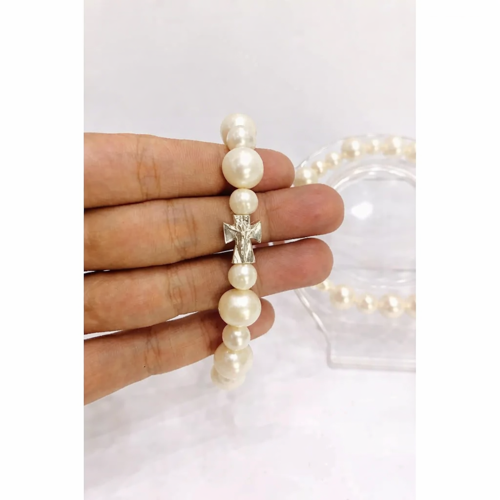 Rosary Bracelet with Cross Charm 10mm Beads, Elegant Sterling Silver Cross, Catholic Prayer Jewelry, Minimalist Luxury Beaded Bracelet for Men & Women BGLAF02