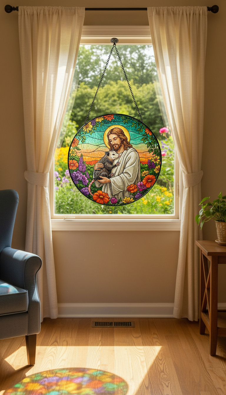 Jesus Stained Glass Suncatcher, Christian Window Hanging, Religious Home Decor, Floral Faith Sun Catcher, Jesus Holding Possum Gift, Bible Lover Art SCLAF10