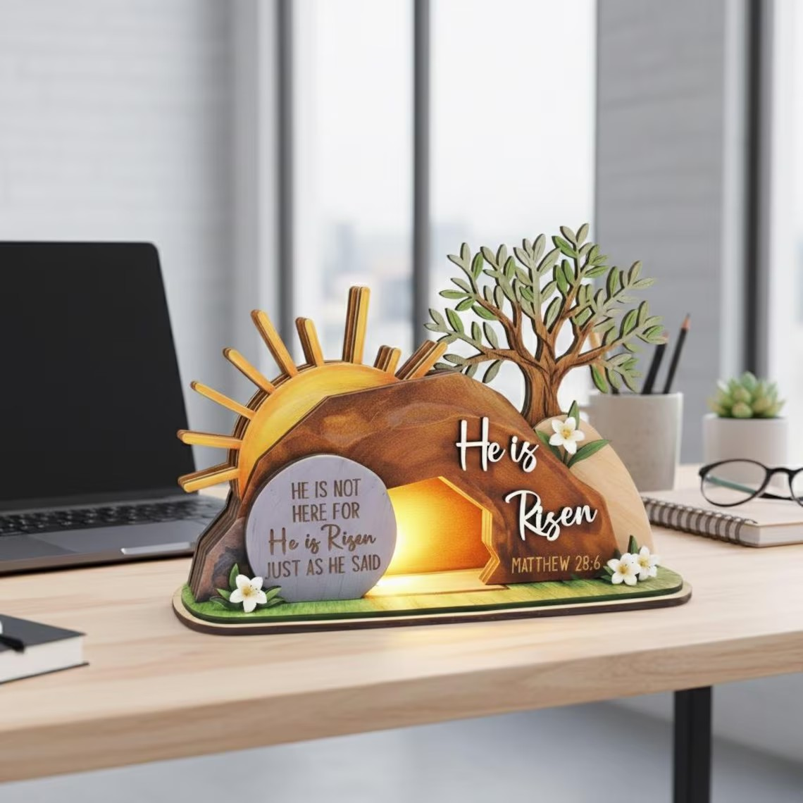 He Is Risen Easte Wooden Block, Christian Resurrection Table Sign, Religious Home Decor Gift, Empty Tomb Cross Wood Shelf