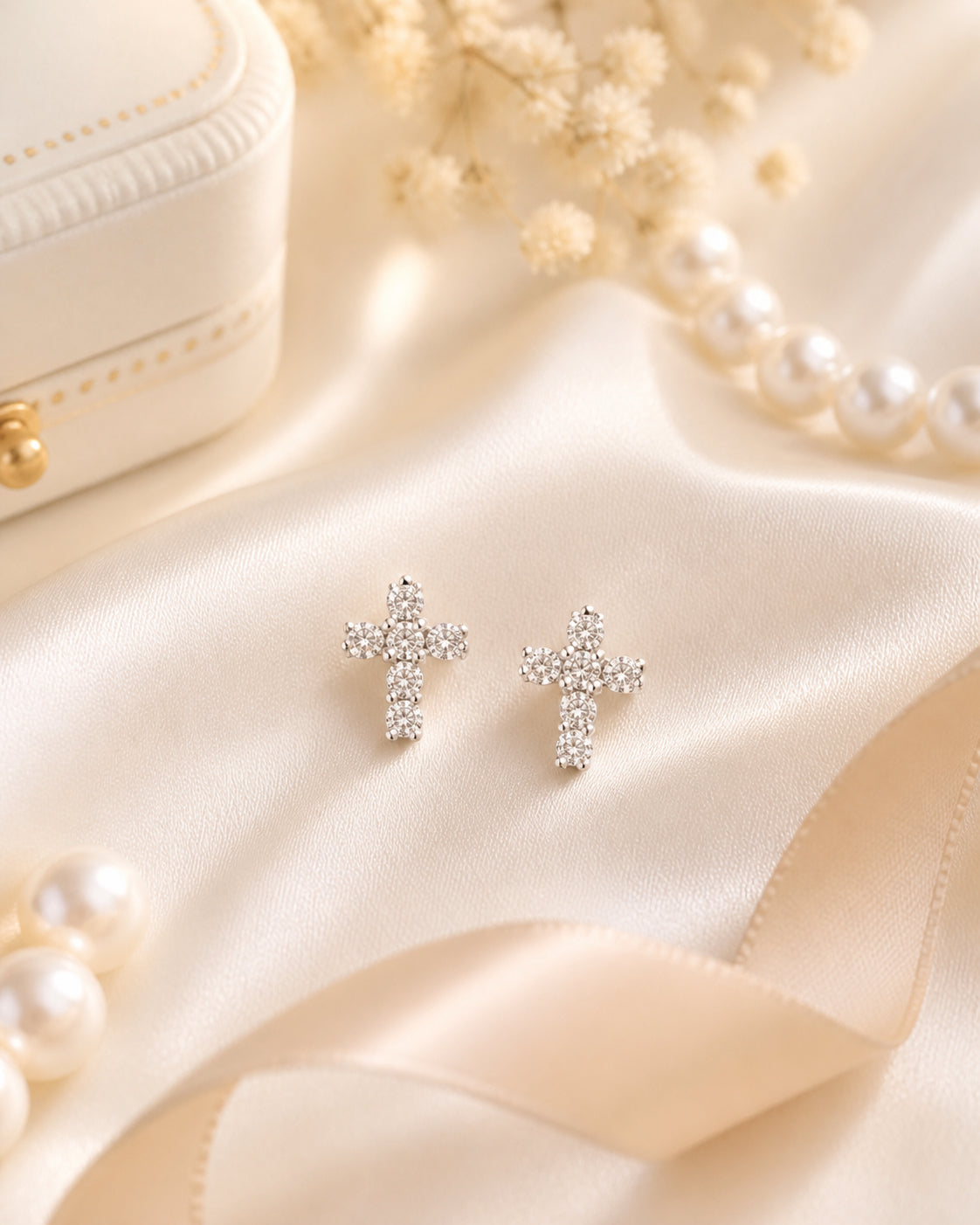 Catholic-Inspired Silver Cross Earrings, Sparkling Pave Diamond Style, Religious Jewelry Gift