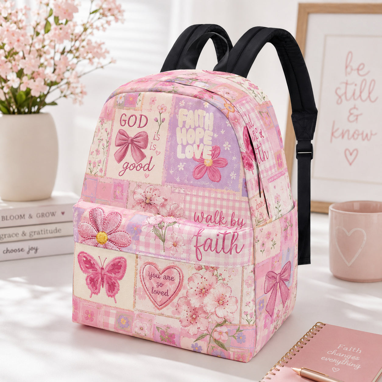 Pink Christian Bible Verse Backpack, Custom Jesus Loves You backpack, Christian Faith Bag, Laptop Bag, Back To School Backpack PLAF66