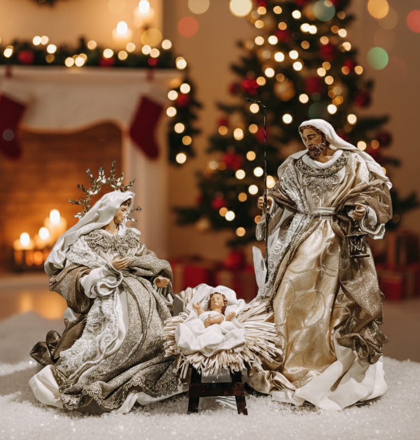 Holy Family Nativity Scene Set, Christmas Nativity Figurines, Mary Joseph Baby Jesus Decor, Gold Holiday Table Display, Religious Gift