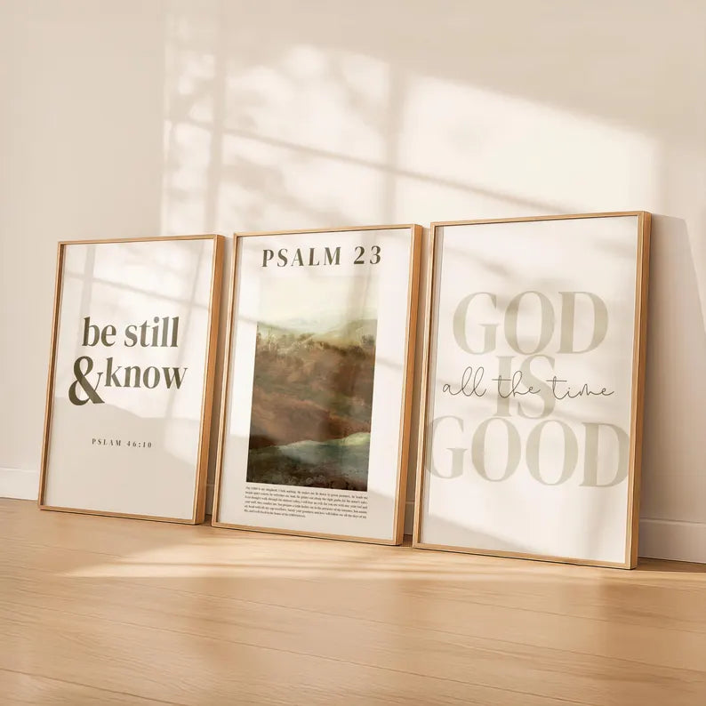 Set of 3 Christian Bible Verse Wall Art, Psalm 23 Scripture Prints, “Be Still and Know” Minimalist Christian Home Decor PTLAF020