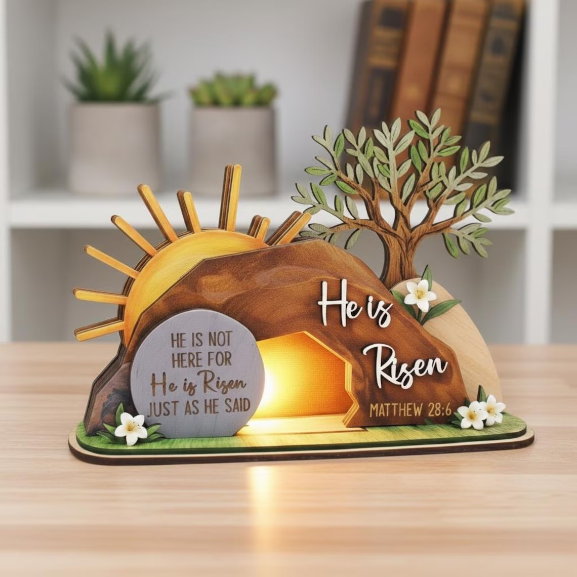 He Is Risen Easte Wooden Block, Christian Resurrection Table Sign, Religious Home Decor Gift, Empty Tomb Cross Wood Shelf