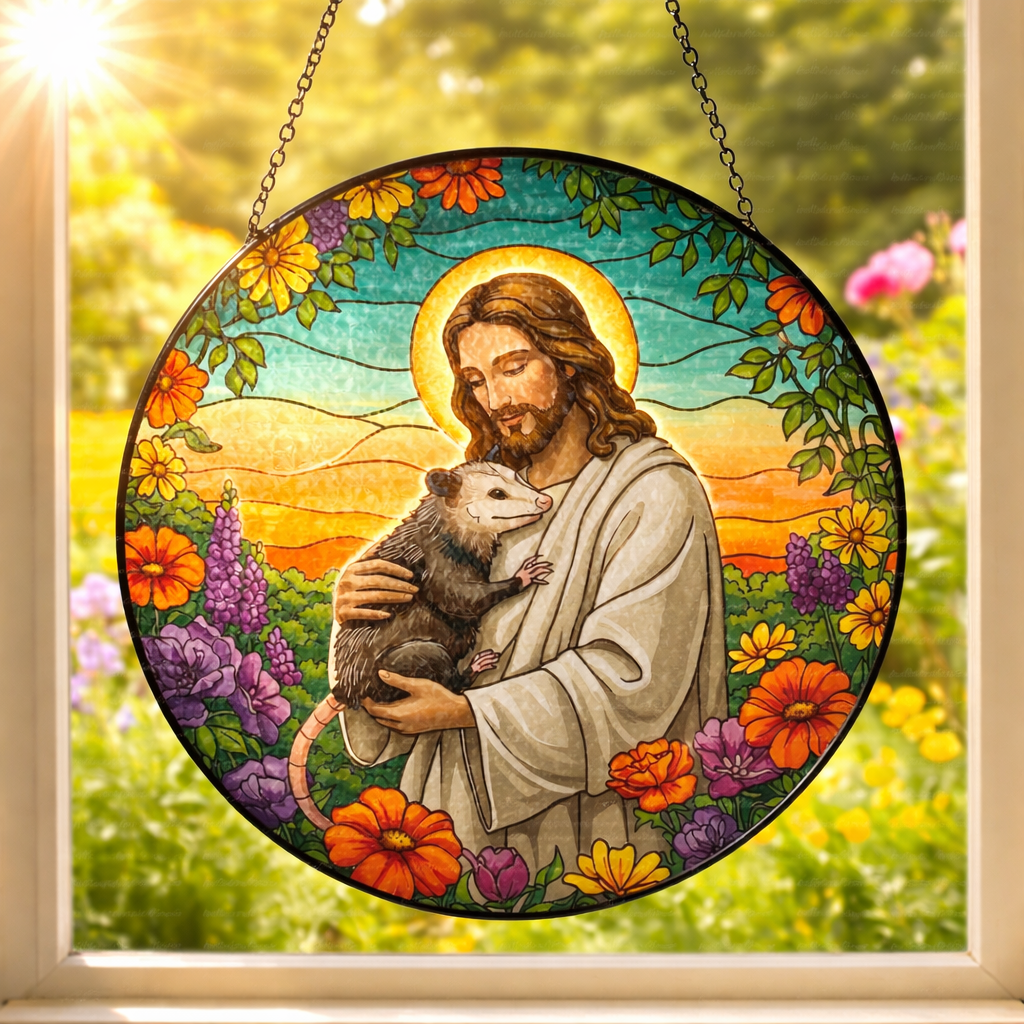 Jesus Stained Glass Suncatcher, Christian Window Hanging, Religious Home Decor, Floral Faith Sun Catcher, Jesus Holding Possum Gift, Bible Lover Art SCLAF10