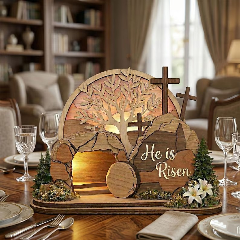 He Is Risen Easter Wooden Sign, Empty Tomb Christian Decor, Resurrection Table Display, Religious Spring Home Accent