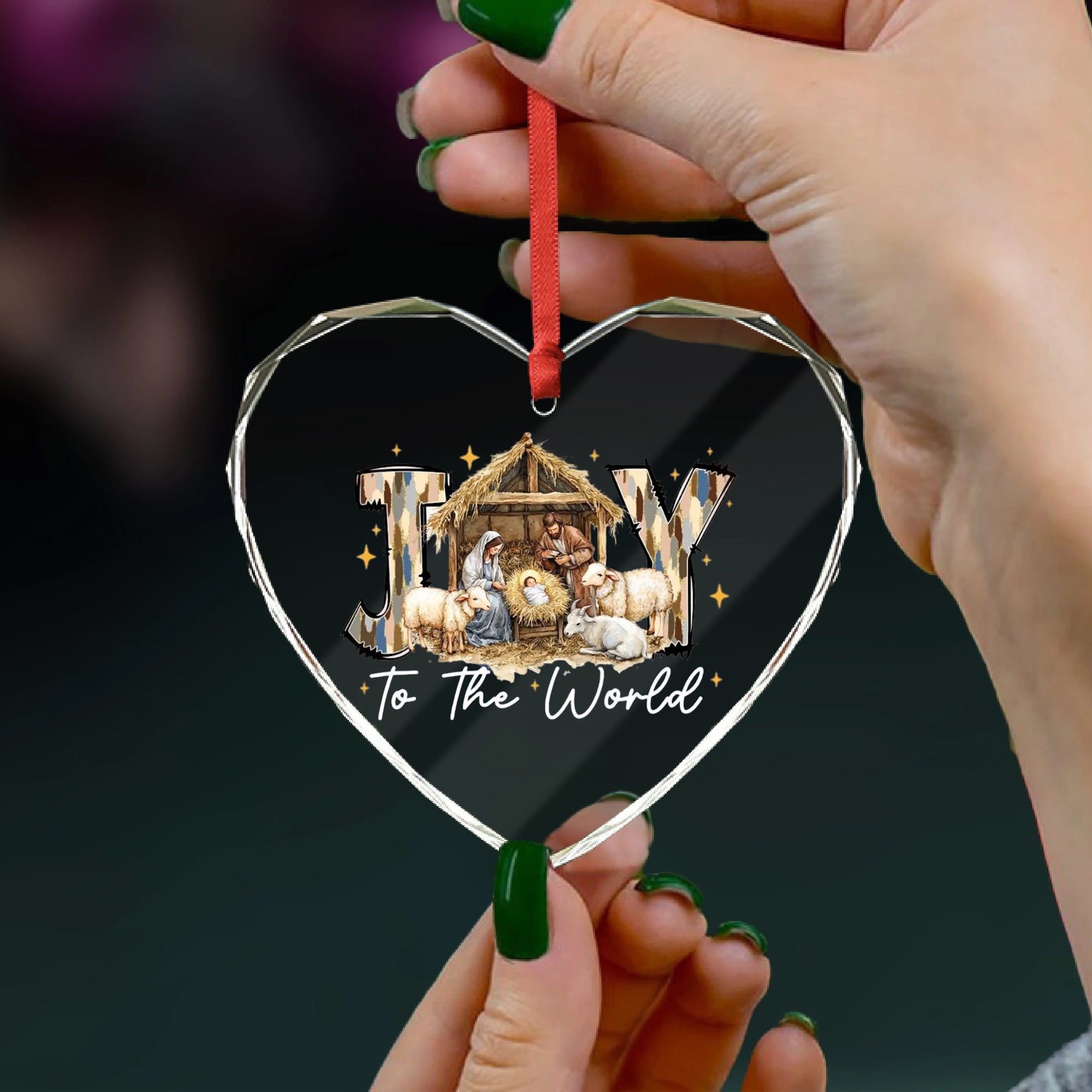 Joy to the World Glass Ornament, Nativity Scene Christmas Decor, Holy Family Ornament, Christian Faith Gift, Religious Christmas Tree Decoration DCLAF49