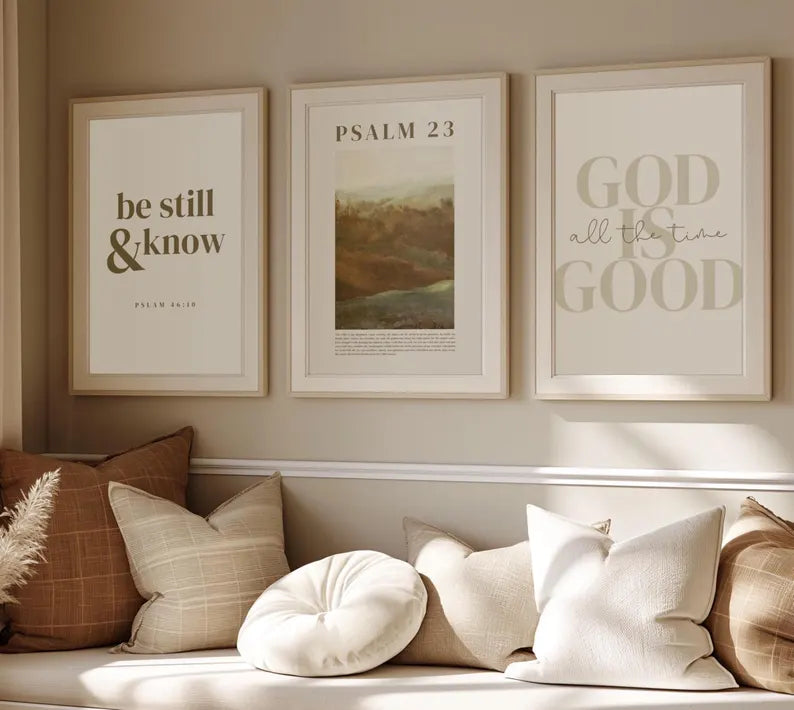Set of 3 Christian Bible Verse Wall Art, Psalm 23 Scripture Prints, “Be Still and Know” Minimalist Christian Home Decor PTLAF020