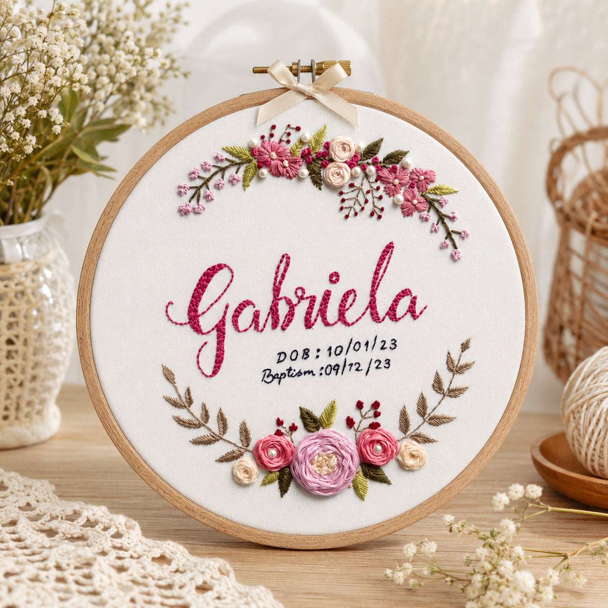 Custom Baby Baptism Embroidery Hoop Art, Handmade Floral Christian Wall Decor, Bible Verse Faith Gift, Religious Hoop EHA19