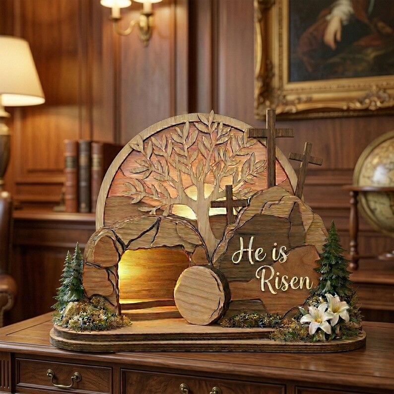 He Is Risen Easter Wooden Sign, Empty Tomb Christian Decor, Resurrection Table Display, Religious Spring Home Accent