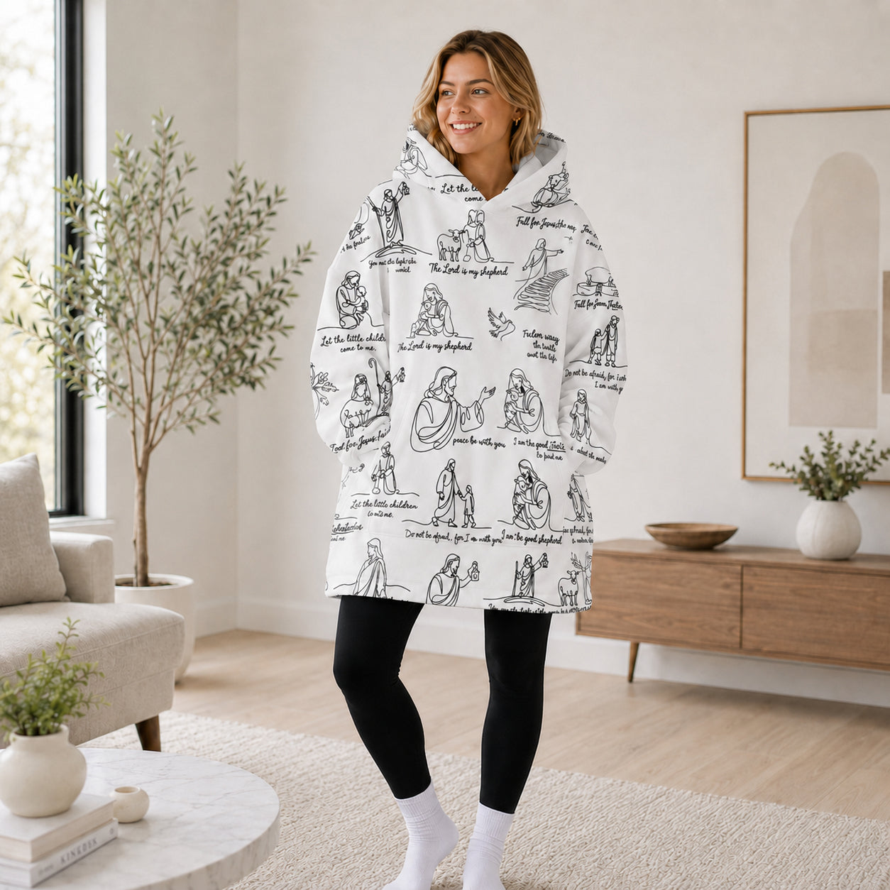 Christian Jesus Bible Story Oversized Hoodie Blanket, Custom Faith Giant Hoodie, Oversized Snuggle Hoodie, Fleece Flannel Wearable Blanket Hoodie for Kids & Adults, Family Religious Gift OOH01