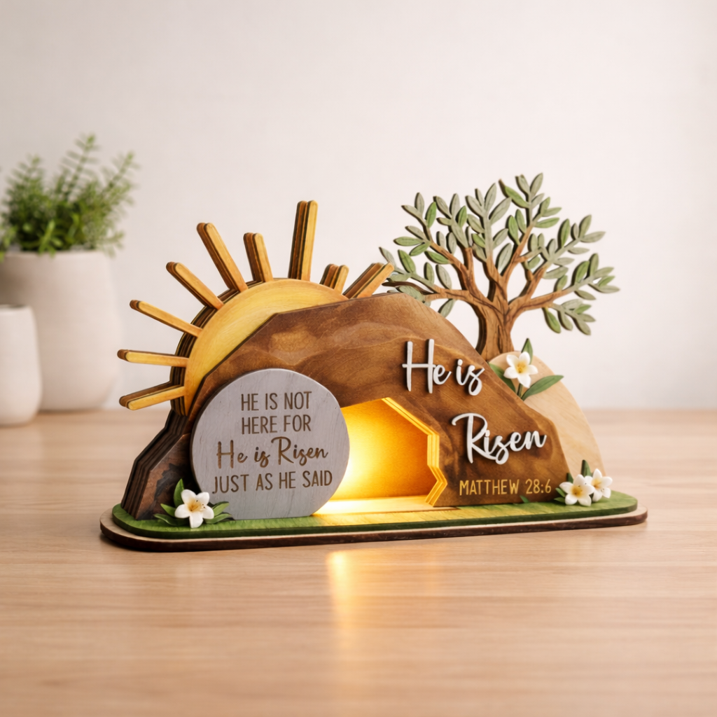 He Is Risen Easte Wooden Block, Christian Resurrection Table Sign, Religious Home Decor Gift, Empty Tomb Cross Wood Shelf