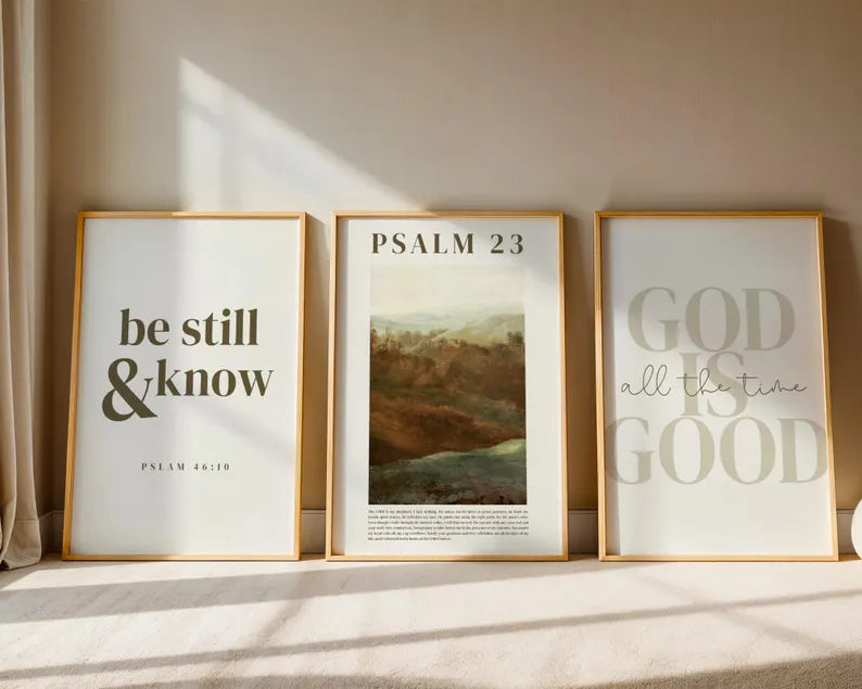 Set of 3 Christian Bible Verse Wall Art, Psalm 23 Scripture Prints, “Be Still and Know” Minimalist Christian Home Decor PTLAF020