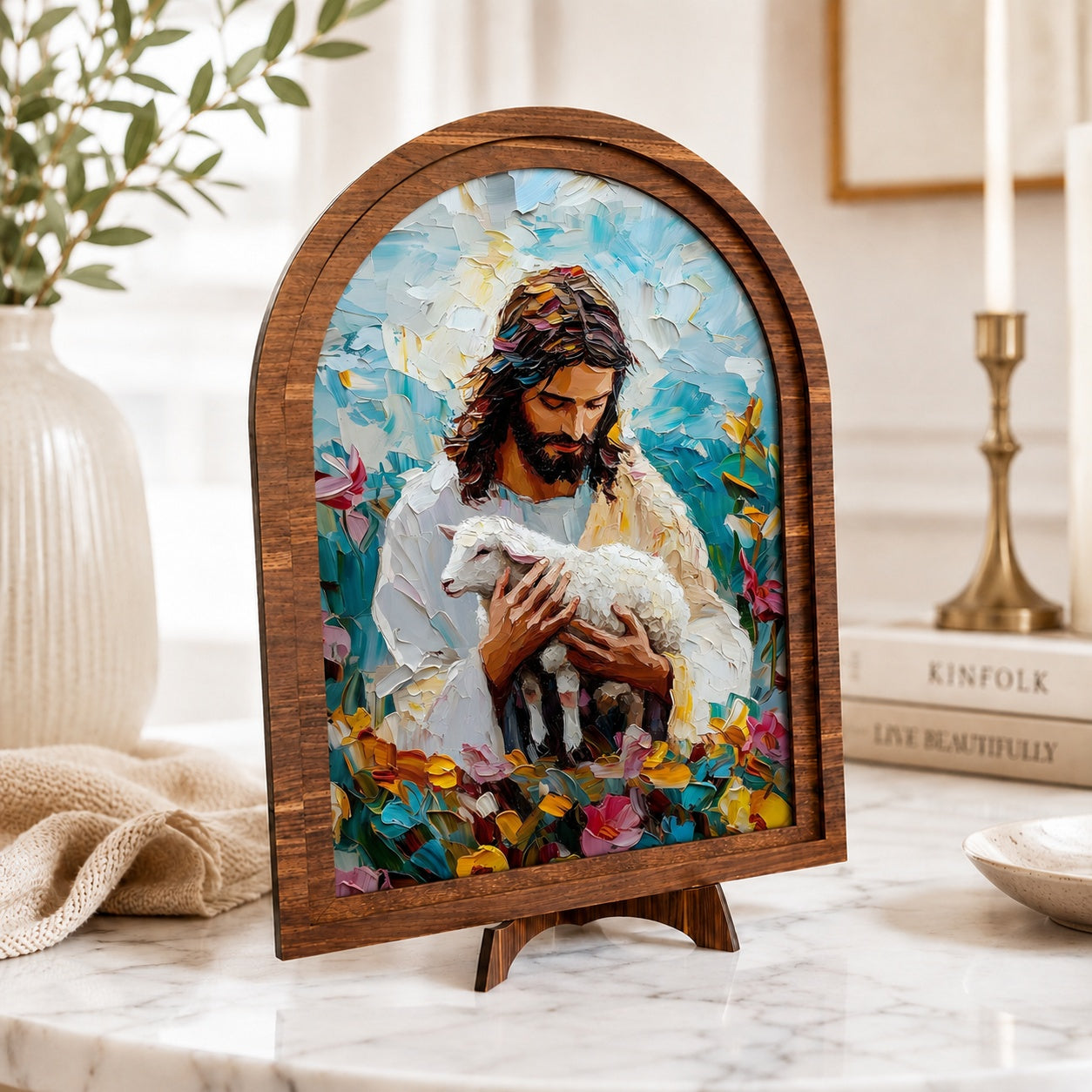 Jesus Good Shepherd Wooden Sign with Stand, Jesus With Lamb Wooden Decor, Christian Home Decor, Religious Wood Plaque, Faith-Based Tabletop Decoration WS01