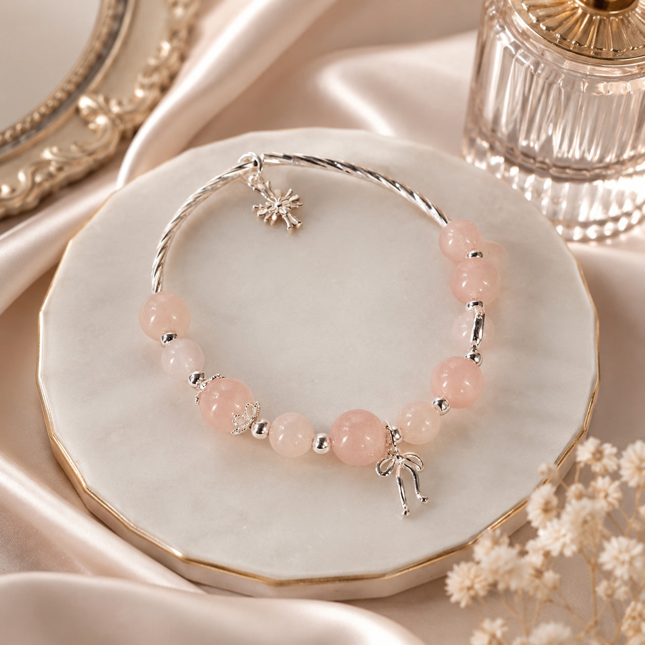 Pink Rose Quartz Beaded Bangle Bracelet with Silver Bow Charm, Elegant Handmade Jewelry Gift for Her, Bracelet  Gift  BRLAF04