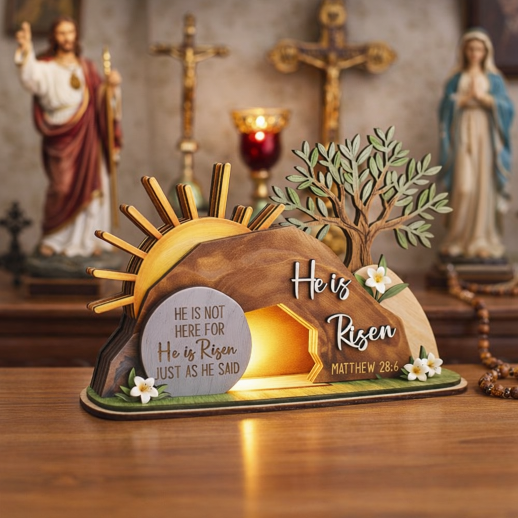 He Is Risen Easte Wooden Block, Christian Resurrection Table Sign, Religious Home Decor Gift, Empty Tomb Cross Wood Shelf