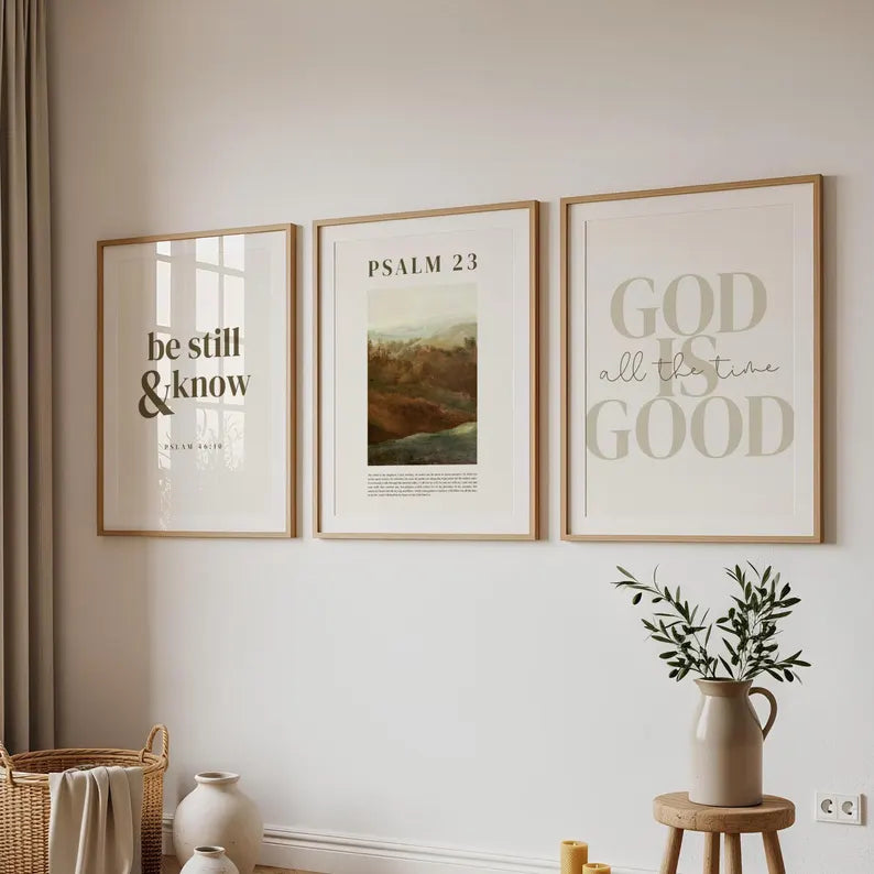 Set of 3 Christian Bible Verse Wall Art, Psalm 23 Scripture Prints, “Be Still and Know” Minimalist Christian Home Decor PTLAF020