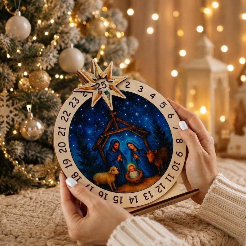 Wooden Nativity Advent Calendar, Spinning Wheel Christmas Countdown Decor, Holy Family Nativity Scene, Religious Christian Christmas Gift XMASW01