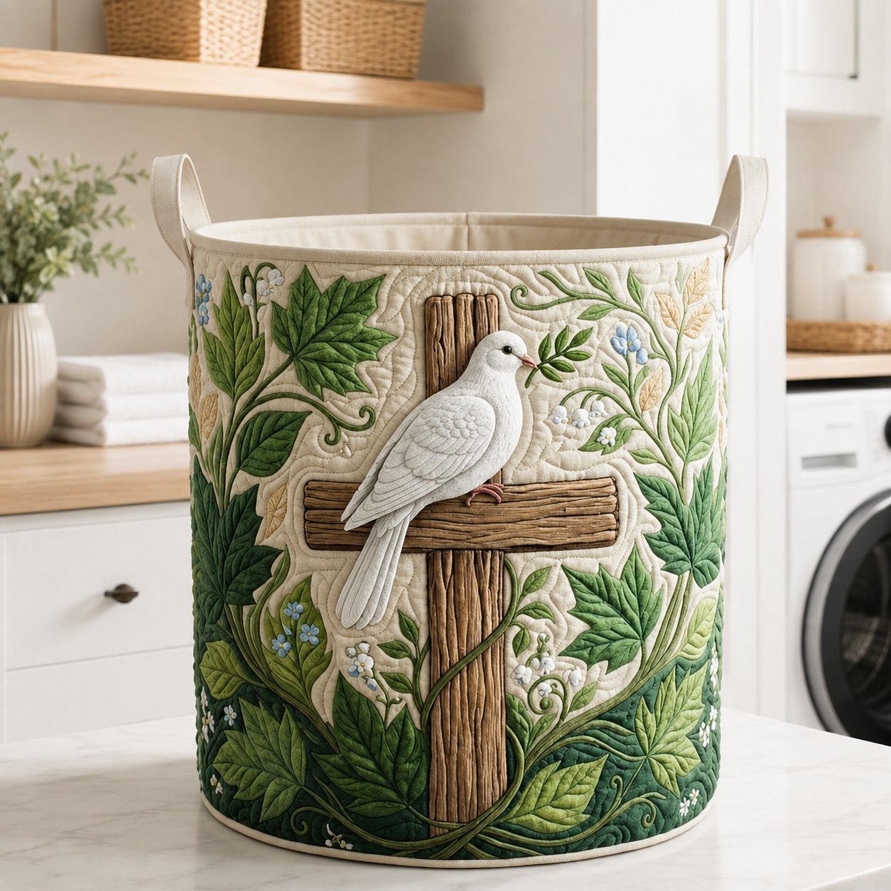 Christian Dove Cross Quilted Laundry Basket, Christian Cross Flower Quilted Hamper, Personalized Religious Storage Hamper, Faith-Inspired Toy Bin, Catholic Home Decor Gift QULDB01