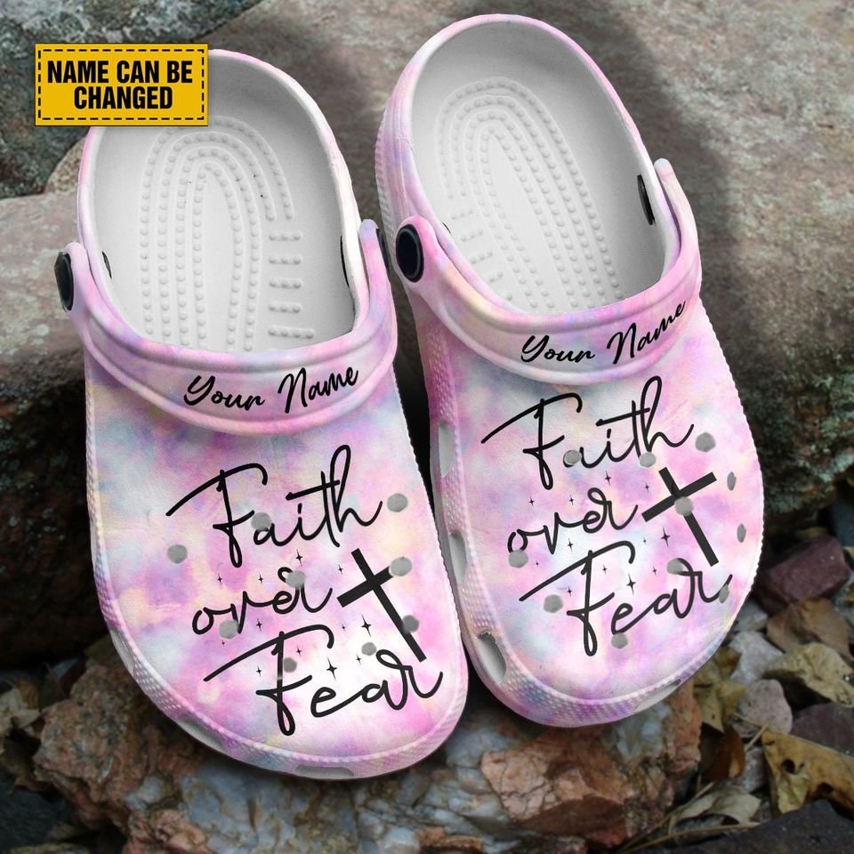 Faith Over Fear Clogs, Christian Clogs Shoes, Custom Pink Watercolor Cross Slippers, Kid Adult Comfort Shoes CLOGS244