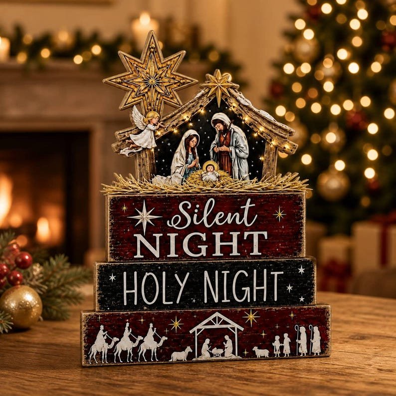 Silent Night Holy Night Nativity Wooden Sign, Christian Christmas Decor, Rustic Jesus Manger Scene, Religious Holiday Tabletop Gift WSXM01
