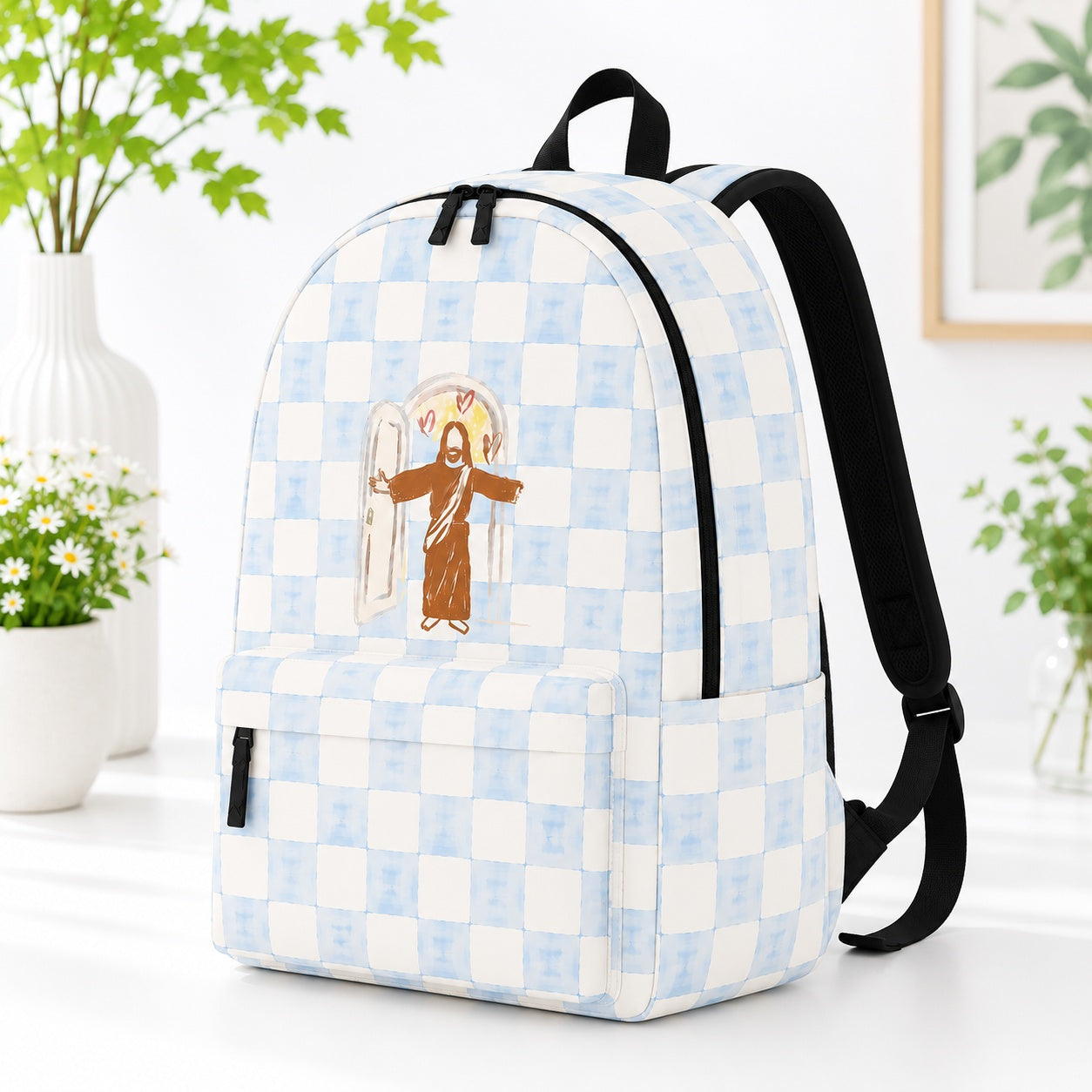 Jesus Loves You Blue Checkered Backpack, Christian School Backpack, Faith-Based Backpack, Religious Book Bag, Back to School Christian Gift, Travel Backpack PLAF78
