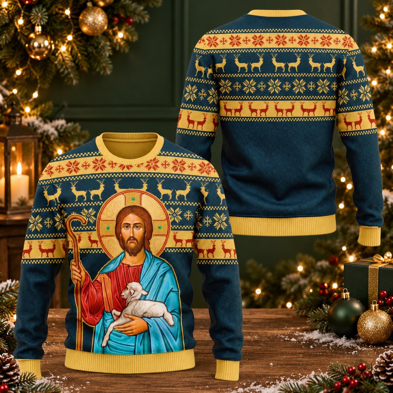 Jesus Christmas Ugly Sweater, Christian Holiday Sweatshirt, Good Shepherd with Lamb Religious Xmas Pullover, Faith Gift Shirt XMASUS01