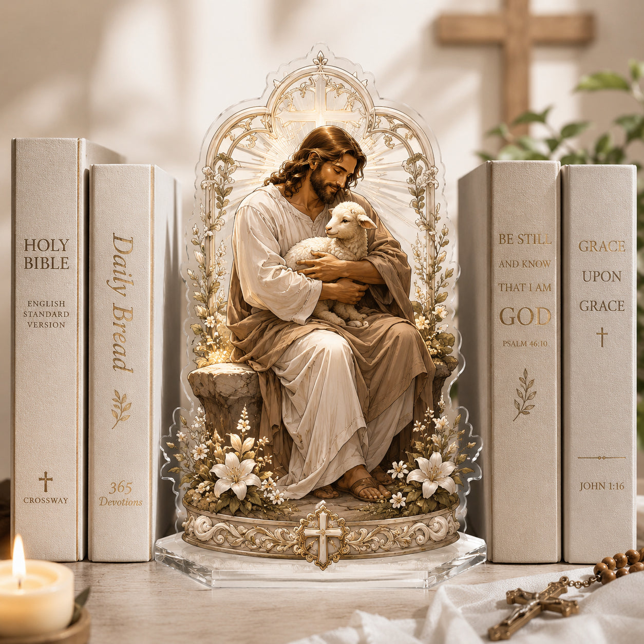 Christian Bookend, Jesus with Lamb Acrylic Bookend Standee, Good Shepherd Bookshelf Decor, Christian Gift ABBD02