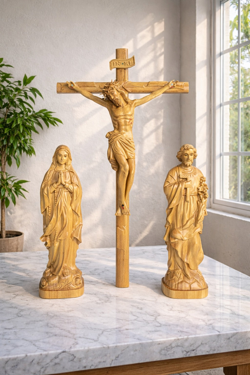 ローレル・バーチ木彫り人形　3体セット Catholic Home Altar Foldable Wooden Triptych with Holy Mother Mary, Sa