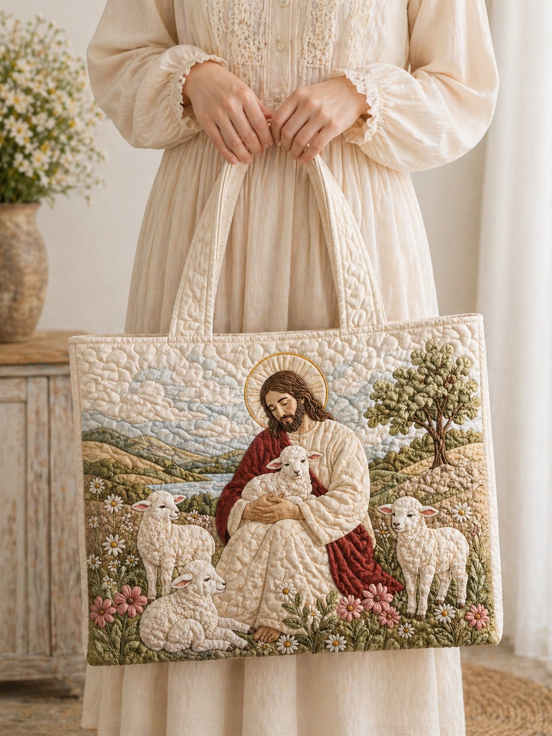 Jesus Good Shepherd Quilted Tote Bag, Christian Lamb Floral Landscape Tote Bag, Faith Inspired Vintage Religious Gift for Women QTTB01