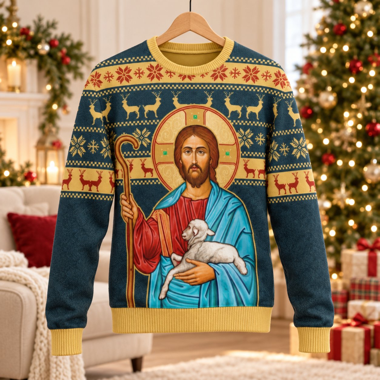 Jesus Christmas Ugly Sweater, Christian Holiday Sweatshirt, Good Shepherd with Lamb Religious Xmas Pullover, Faith Gift Shirt XMASUS01