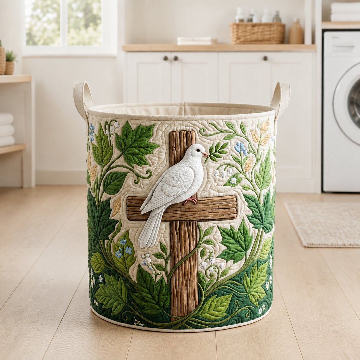 Christian Dove Cross Quilted Laundry Basket, Christian Cross Flower Quilted Hamper, Personalized Religious Storage Hamper, Faith-Inspired Toy Bin, Catholic Home Decor Gift QULDB01
