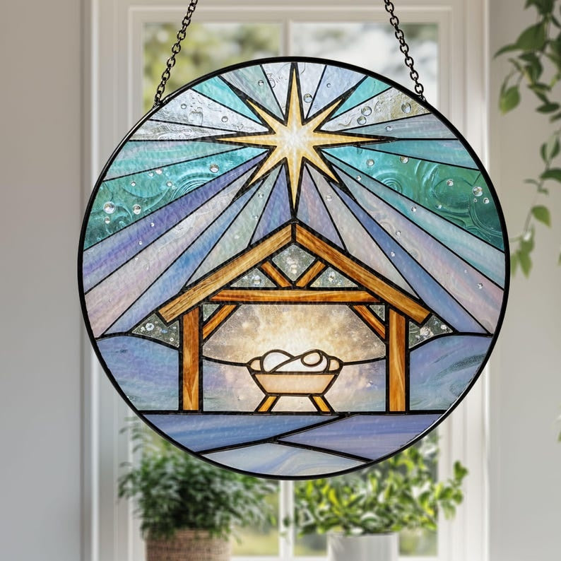 Nativity Scene Stained Glass Suncatcher, Christian Christmas Decor, Baby Jesus Window Hanging, Religious Christmas Gift, Holy Night Home Decor GLASS01