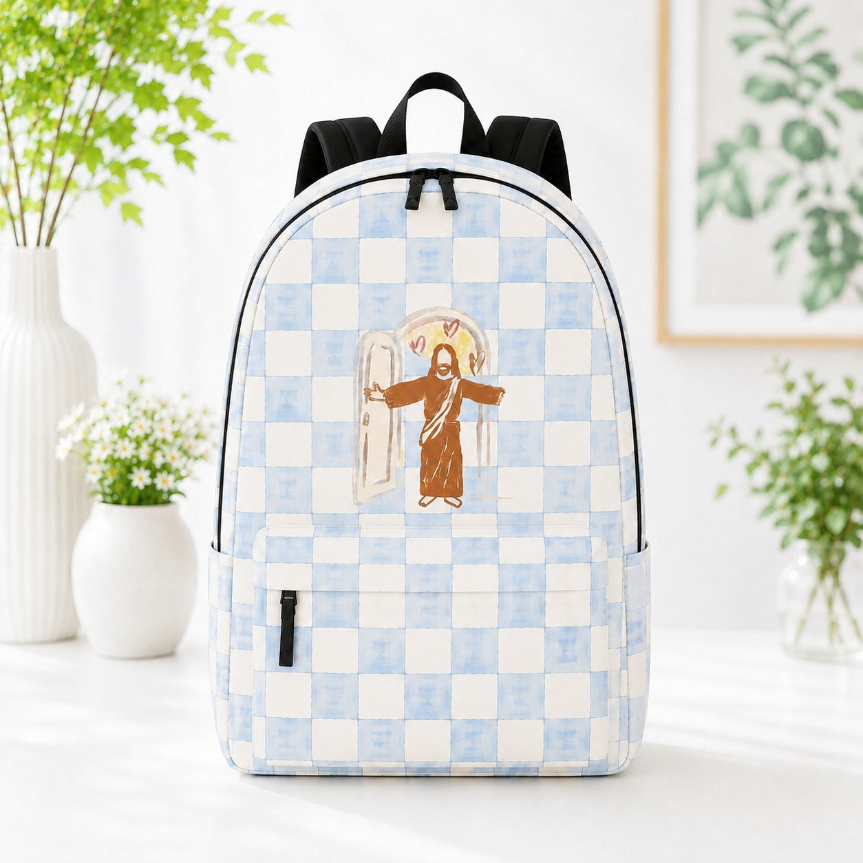 Jesus Loves You Blue Checkered Backpack, Christian School Backpack, Faith-Based Backpack, Religious Book Bag, Back to School Christian Gift, Travel Backpack PLAF78