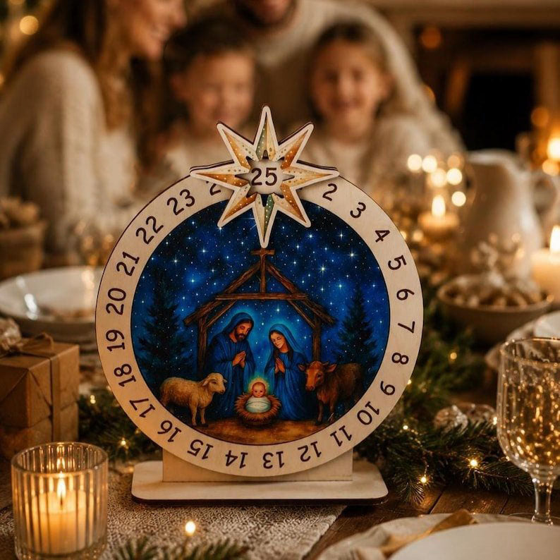 Wooden Nativity Advent Calendar, Spinning Wheel Christmas Countdown Decor, Holy Family Nativity Scene, Religious Christian Christmas Gift XMASW01