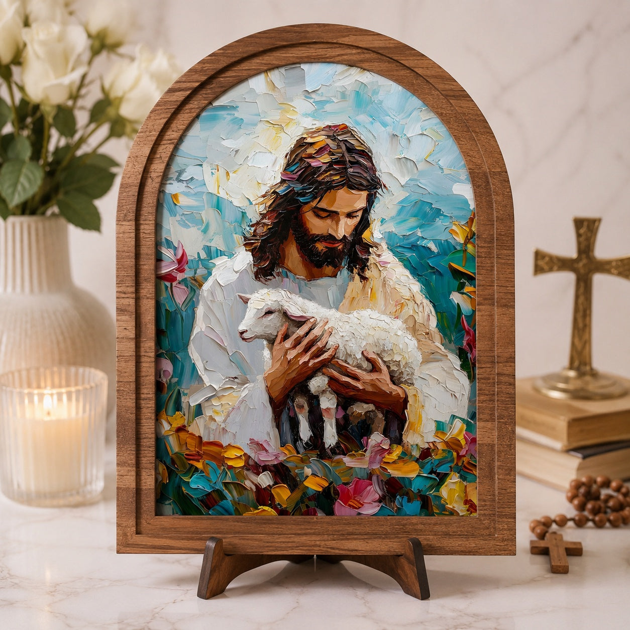 Jesus Good Shepherd Wooden Sign with Stand, Jesus With Lamb Wooden Decor, Christian Home Decor, Religious Wood Plaque, Faith-Based Tabletop Decoration WS01