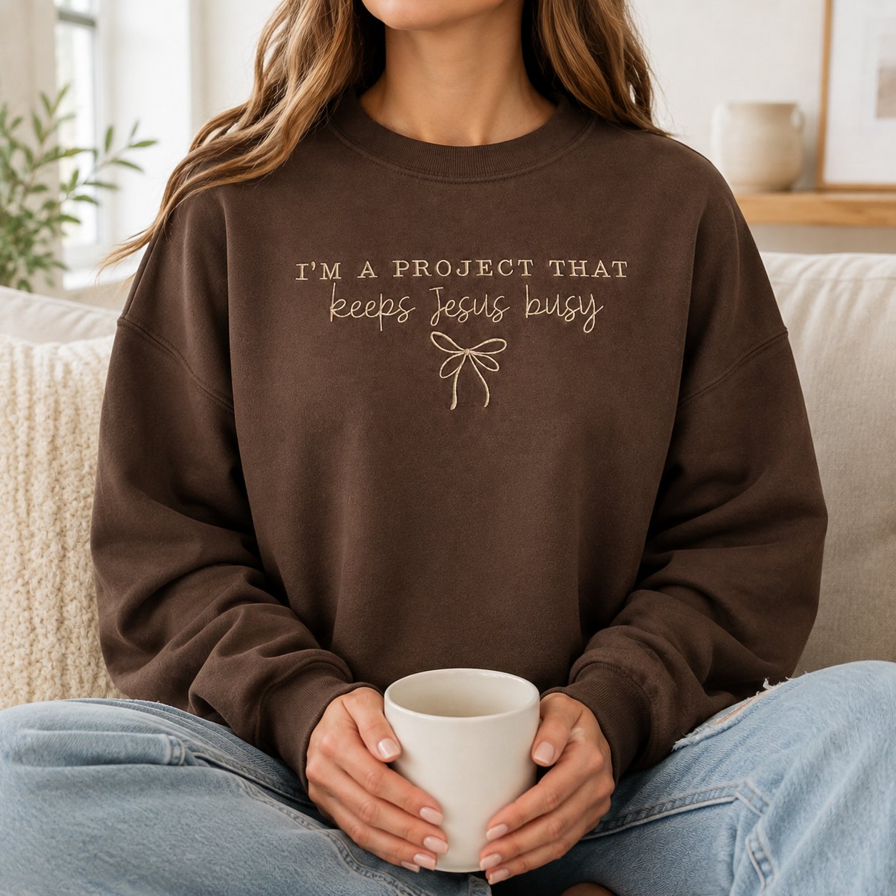 I’m a Project That Keeps Jesus Busy Embroidered Shirt, Christian Crewneck, Funny Faith Gift for Women, Coquette Bow Jesus Shirt N1EMS01