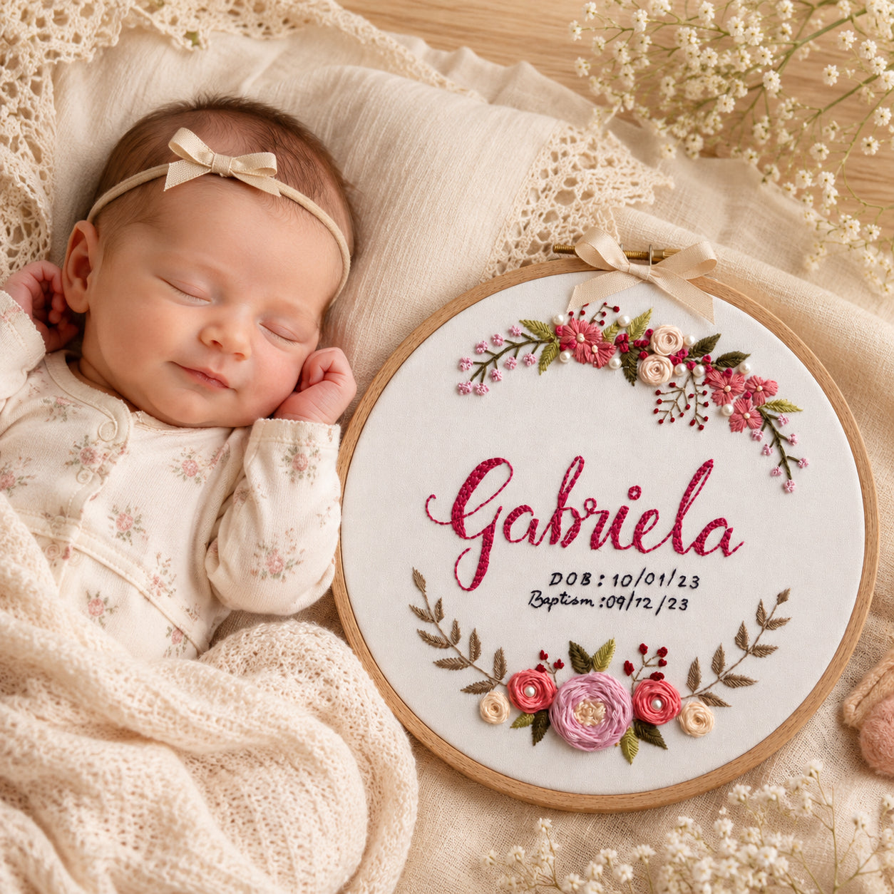 Custom Baby Baptism Embroidery Hoop Art, Handmade Floral Christian Wall Decor, Bible Verse Faith Gift, Religious Hoop EHA19