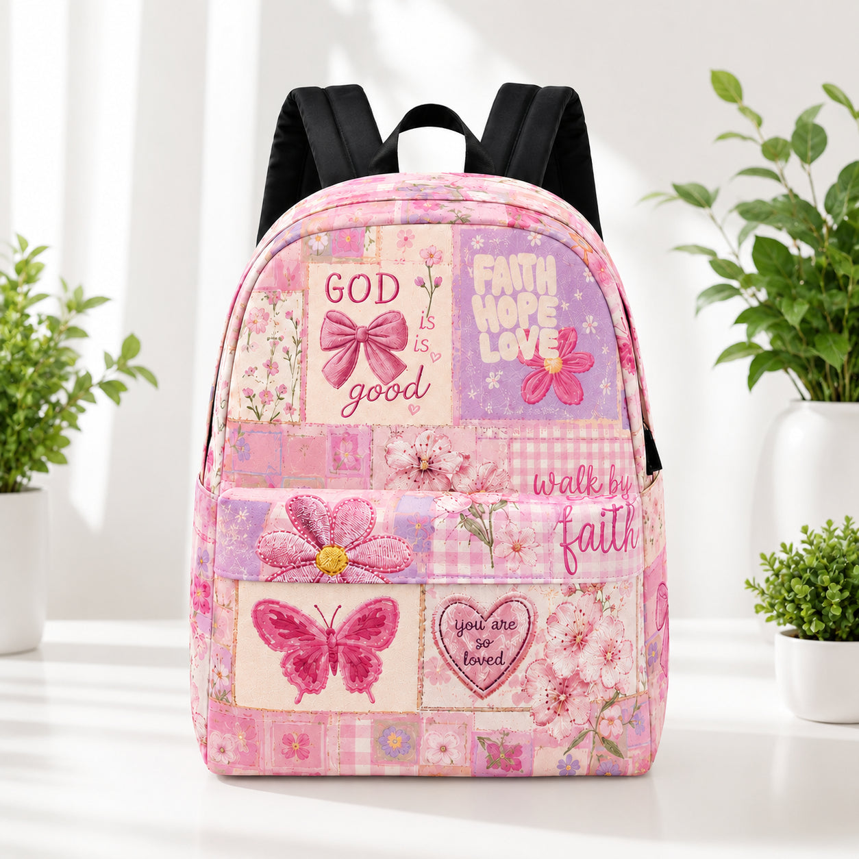 Pink Christian Bible Verse Backpack, Custom Jesus Loves You backpack, Christian Faith Bag, Laptop Bag, Back To School Backpack PLAF66