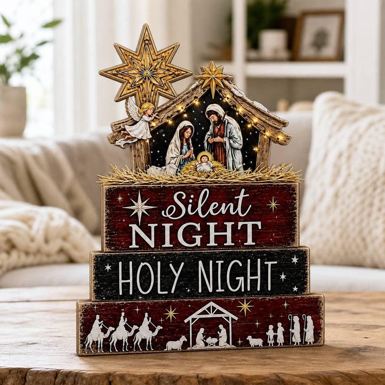 Silent Night Holy Night Nativity Wooden Sign, Christian Christmas Decor, Rustic Jesus Manger Scene, Religious Holiday Tabletop Gift WSXM01