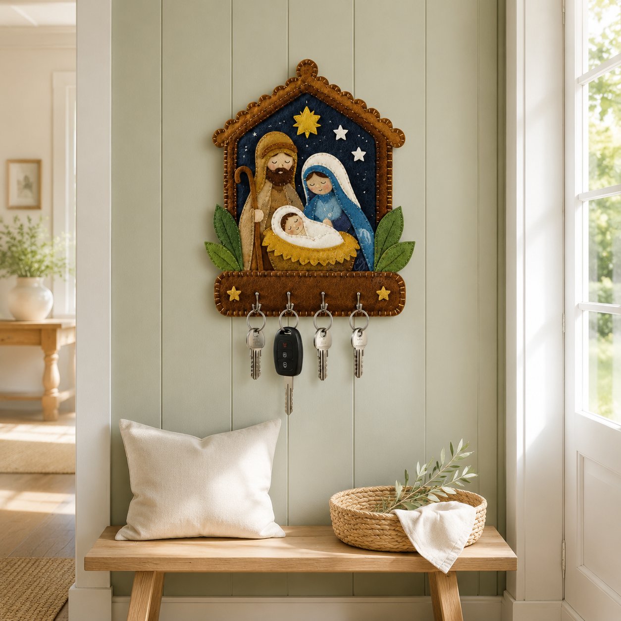 Felt Nativity Scene Felt Key Holder, Christmas Wall Hanging Decor Organizer, Handmade Holder Key, Felt Custom FELTHD01