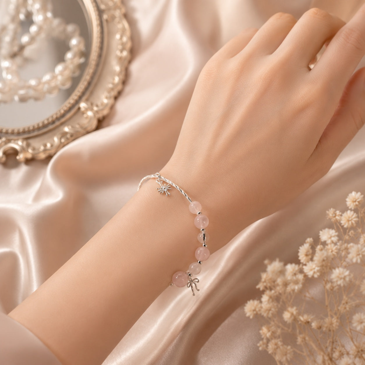 Pink Rose Quartz Beaded Bangle Bracelet with Silver Bow Charm, Elegant Handmade Jewelry Gift for Her, Bracelet  Gift  BRLAF04