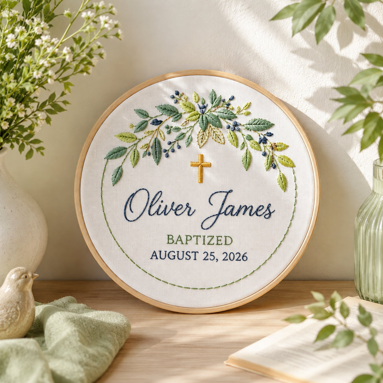 Personalized Hand Embroidered Baptism Hoop, Custom Baby Hoop Art, Floral Christian Keepsake, Nursery Wall Decor EHA30